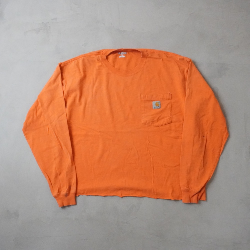 Carhartt Long Sleeve Pocket T-Shirt Large Mens Orange Cropped Raw Hem Workwear